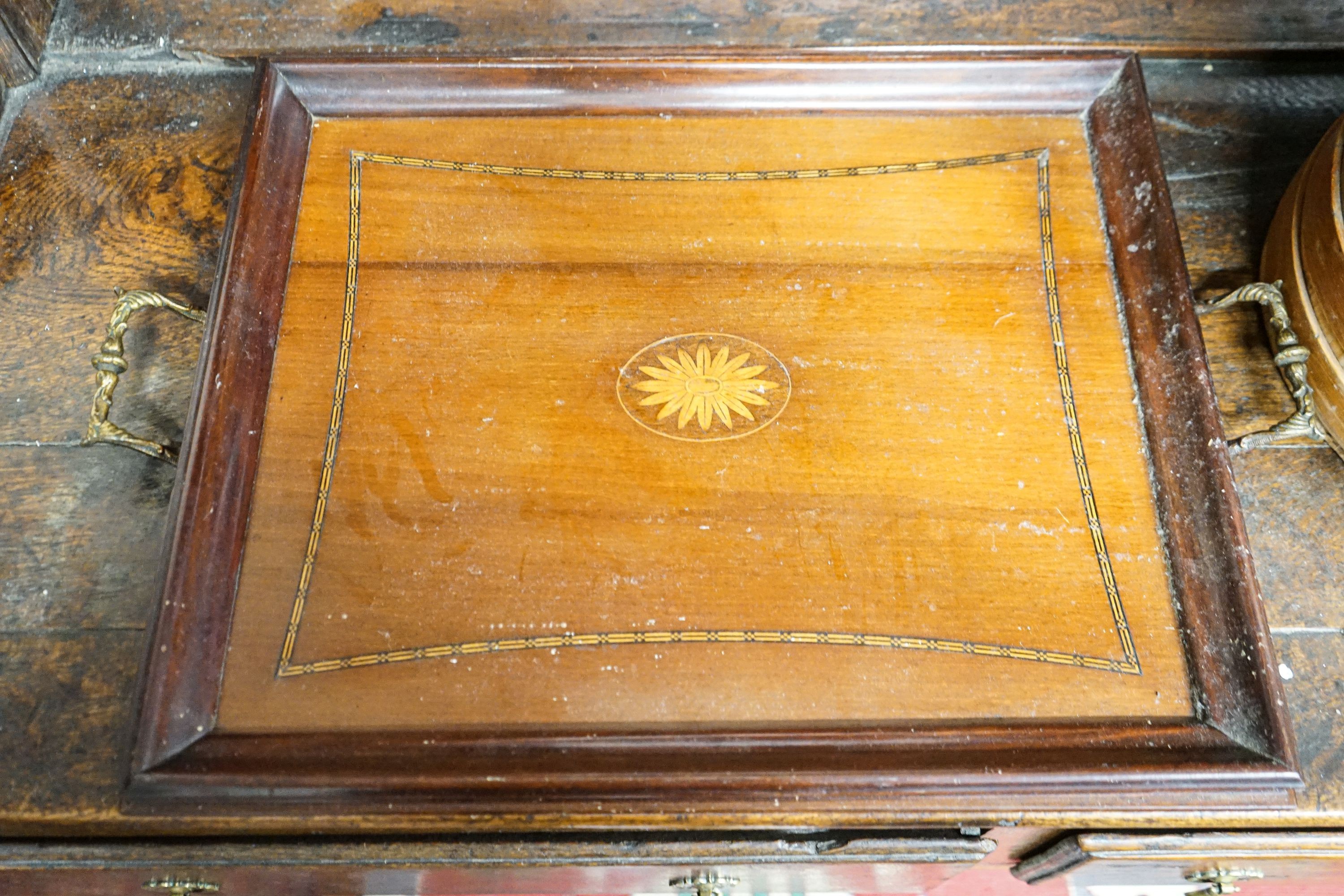 Three wooden butter pails and an Edwardian inlaid walnut tray, width 54cm